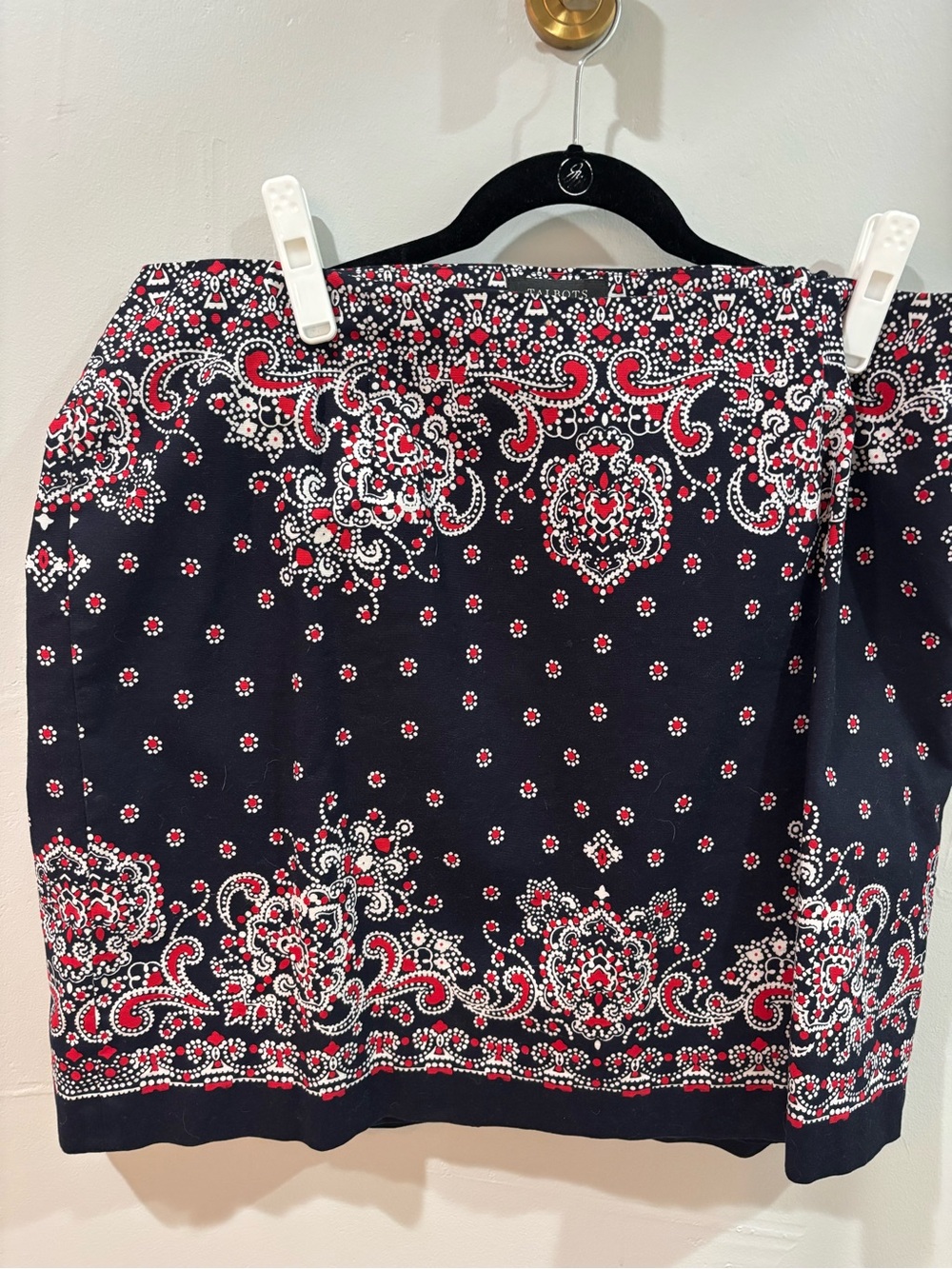 Talbots Black Mini Skirt with Red & White Paisley Print